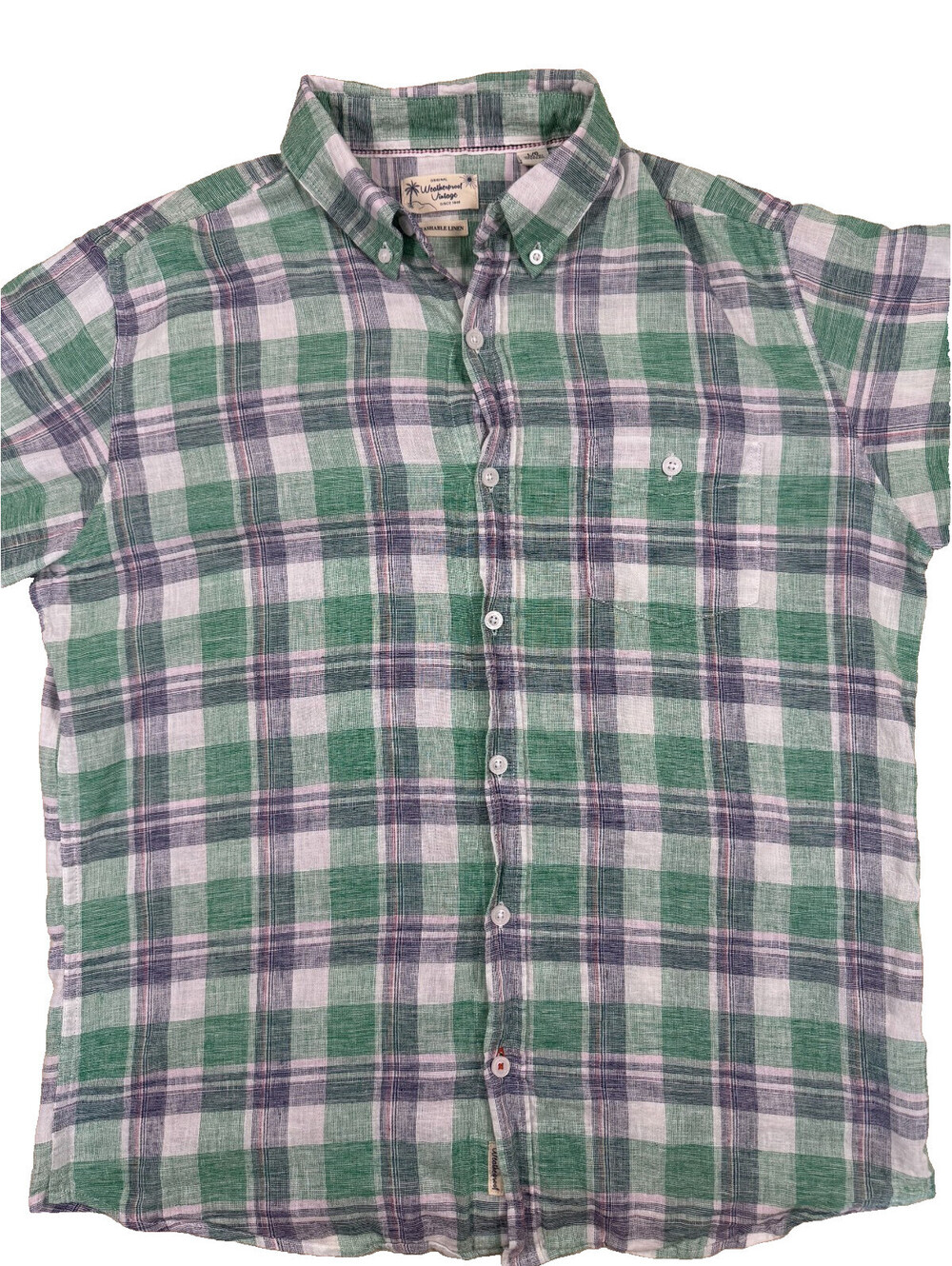 Weatherproof Vintage Men's SS Shirt Large Green Blue Plaid Washable Linen